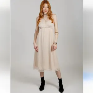 Band of the Free Amalie Slip Midi Dress Lace Semi-Sheer Dot Lace Lined Ivory S