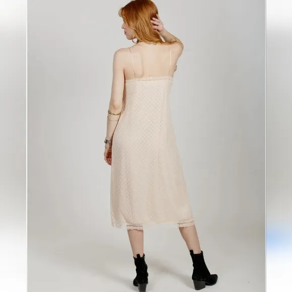 Band of the Free Amalie Slip Midi Dress Lace Semi-Sheer Dot Lace Lined Ivory S