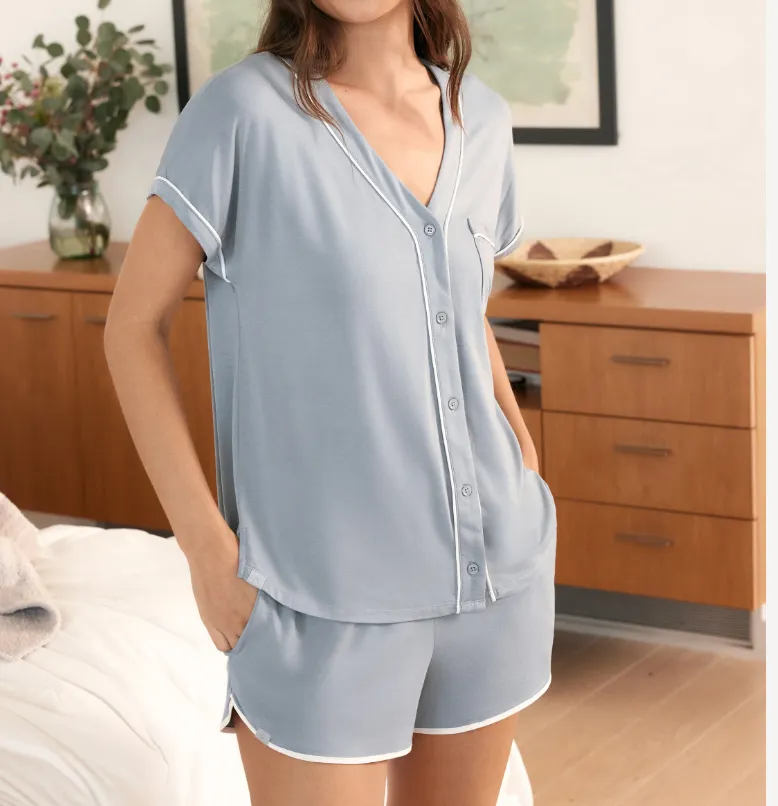 Barefoot Dream Malibu Collection Soft Jersey Piped PJ set - Moonbeam White