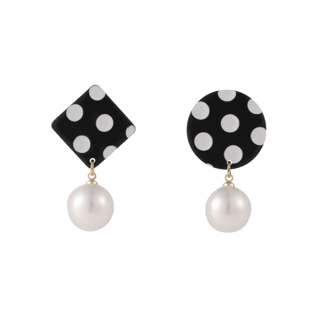 Black Acrylic & Pearl Spotted Geometric Mismatched Drop Earrings