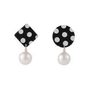 Black Acrylic & Pearl Spotted Geometric Mismatched Drop Earrings