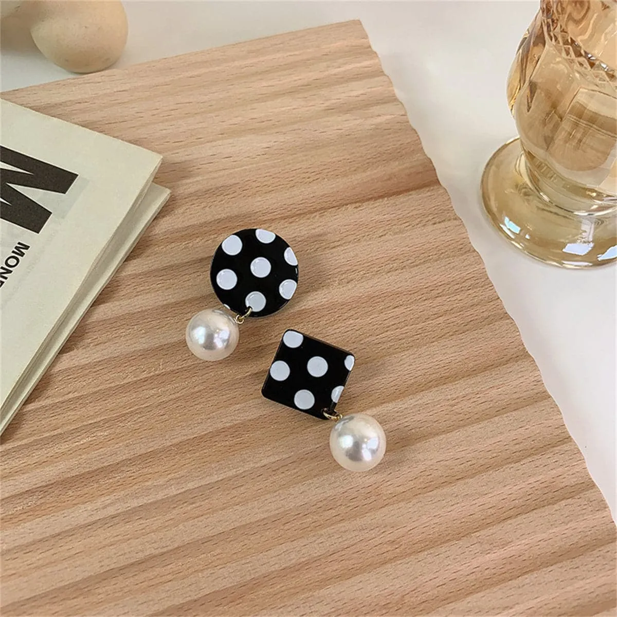 Black Acrylic & Pearl Spotted Geometric Mismatched Drop Earrings
