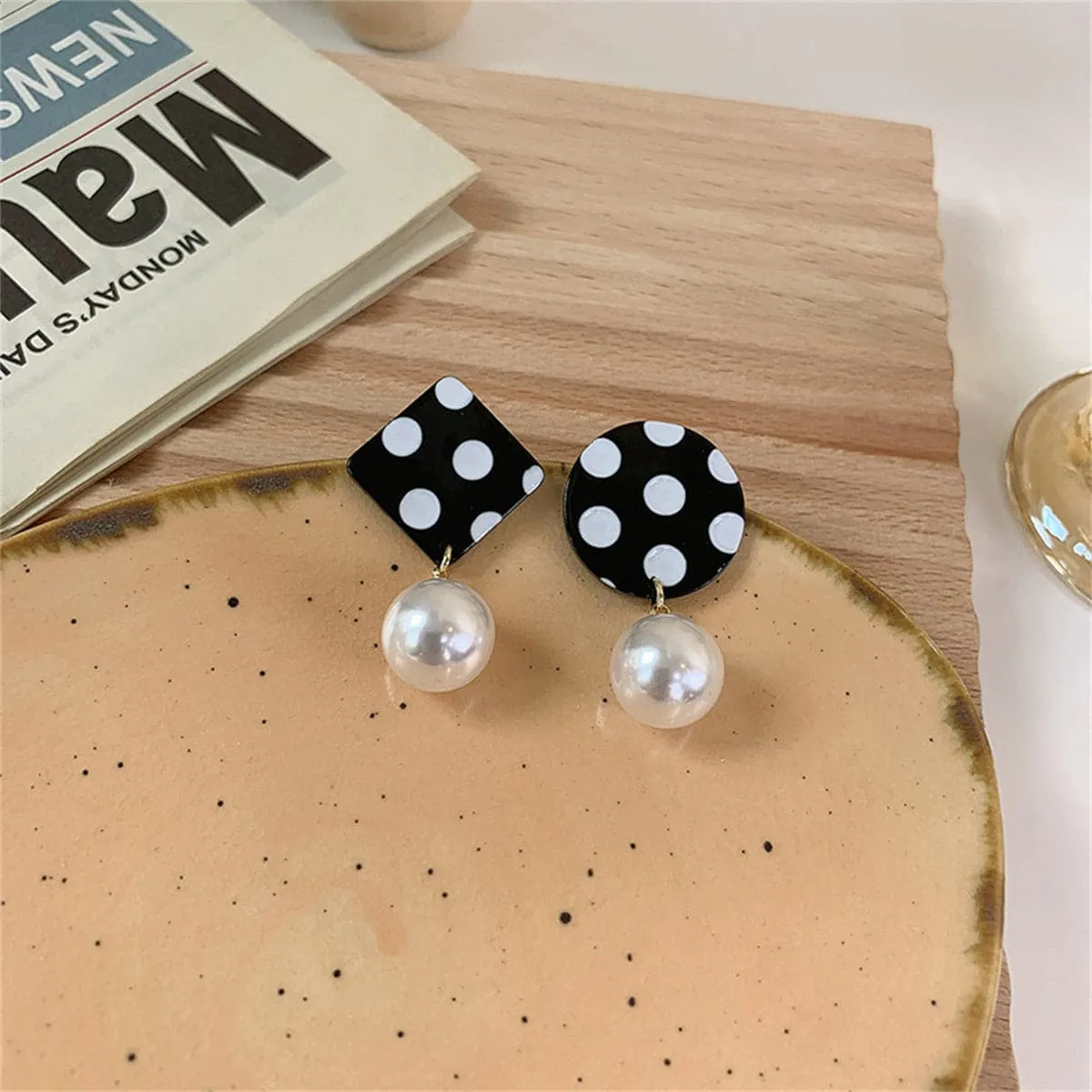 Black Acrylic & Pearl Spotted Geometric Mismatched Drop Earrings