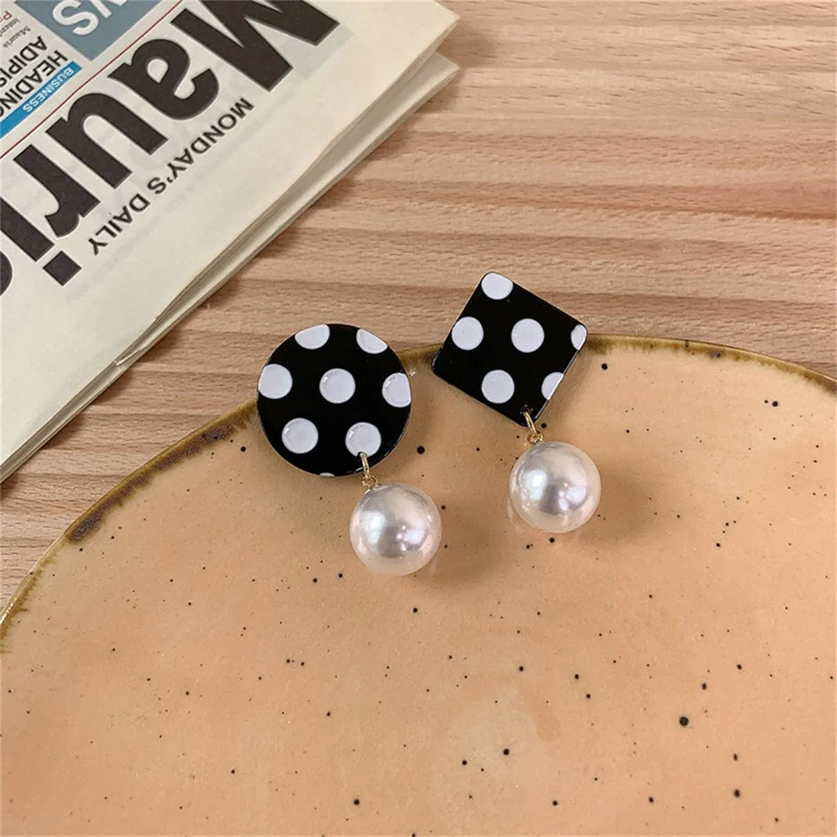 Black Acrylic & Pearl Spotted Geometric Mismatched Drop Earrings