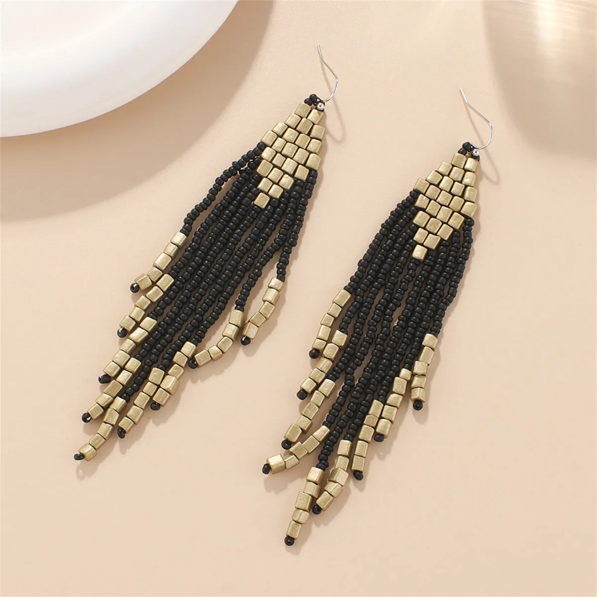 Black & Champagne Tassel Beaded Drop Earrings