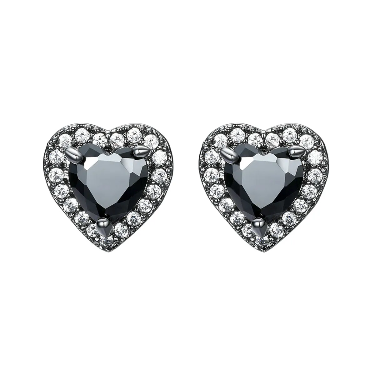 Black Crystal & Cubic Zirconia Rhodium-Plated Halo Heart Stud Earrings