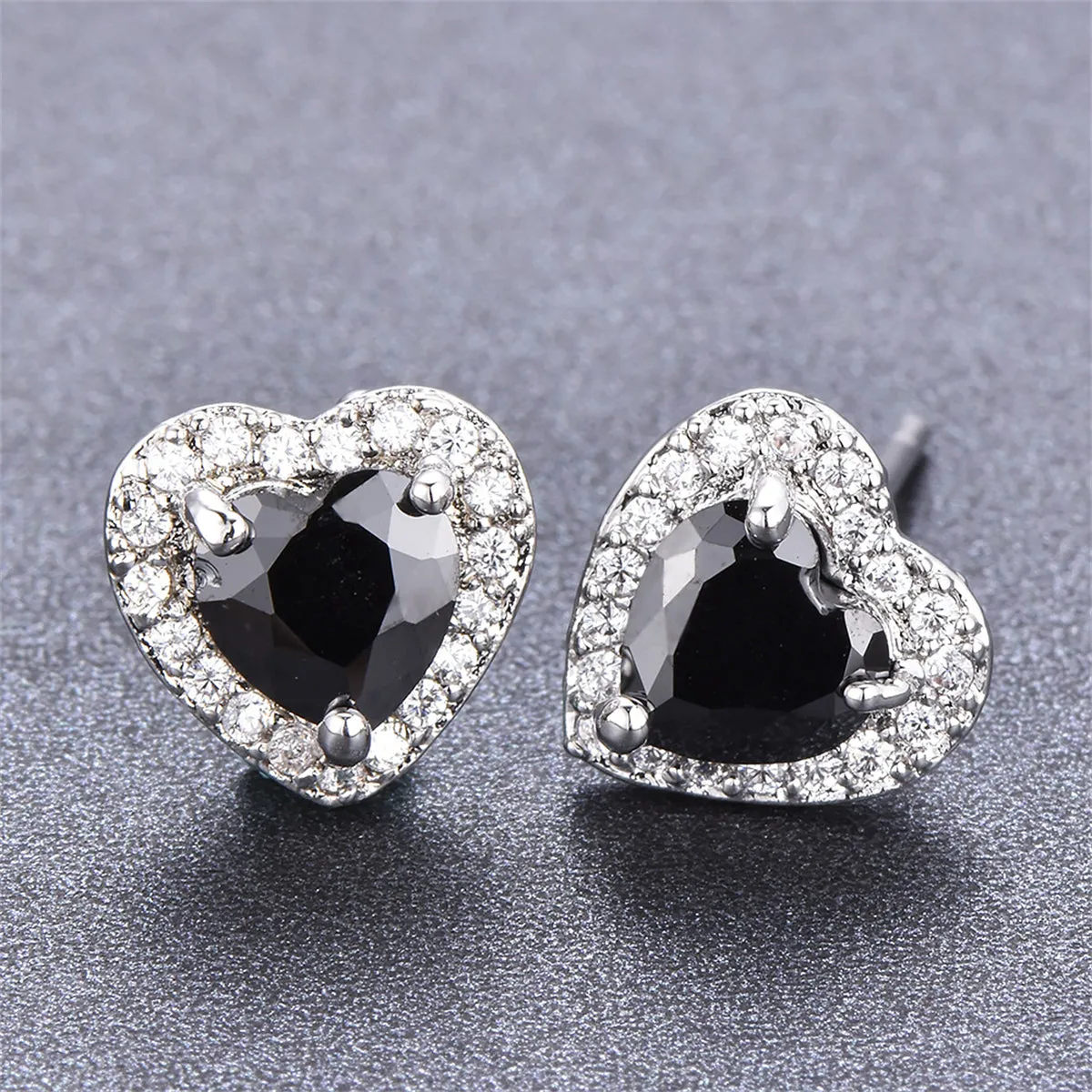 Black Crystal & Cubic Zirconia Silver-Plated Halo Heart Stud Earrings