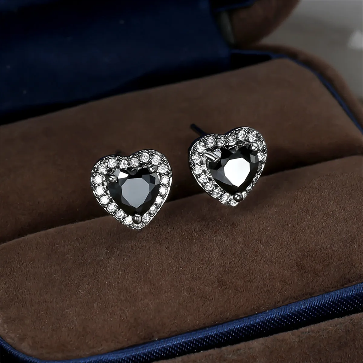 Black Crystal & Cubic Zirconia Silver-Plated Halo Heart Stud Earrings