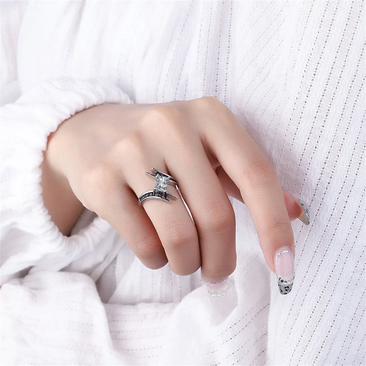 Black Cubic Zirconia & Crystal Silver-Plated Ring