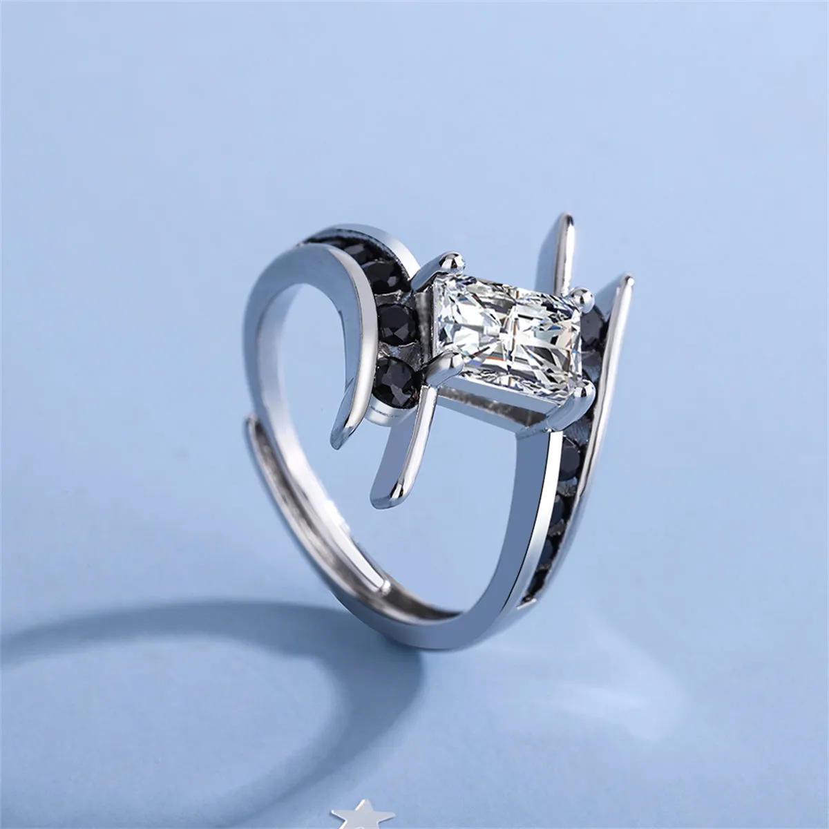 Black Cubic Zirconia & Crystal Silver-Plated Ring