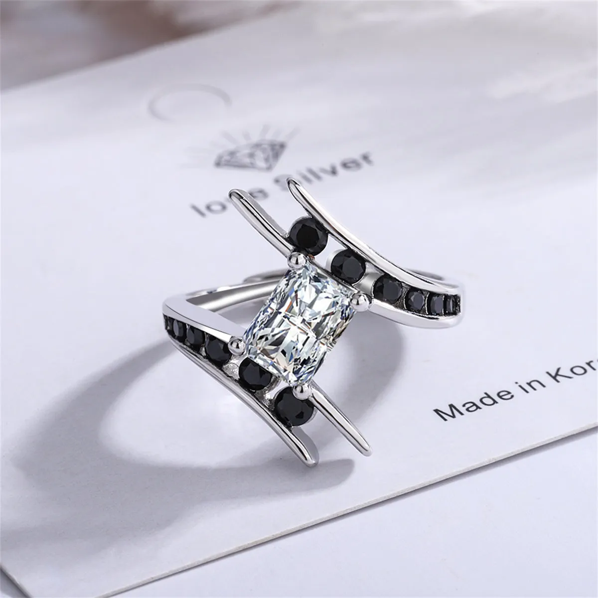 Black Cubic Zirconia & Crystal Silver-Plated Ring