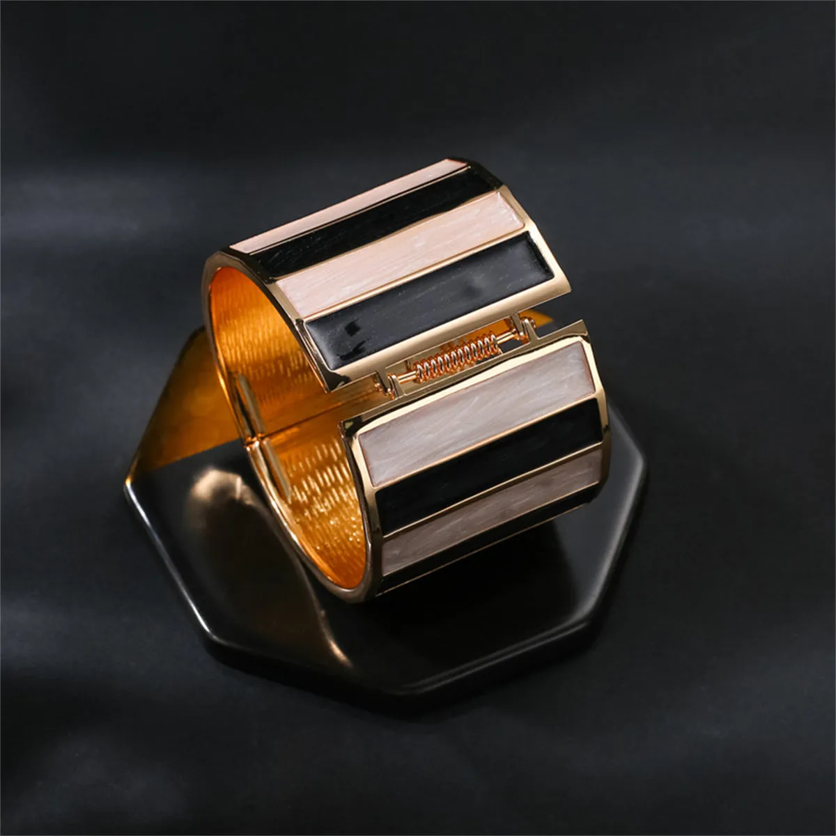 Black Enamel & 18K Gold-Plated Stripped Bangle
