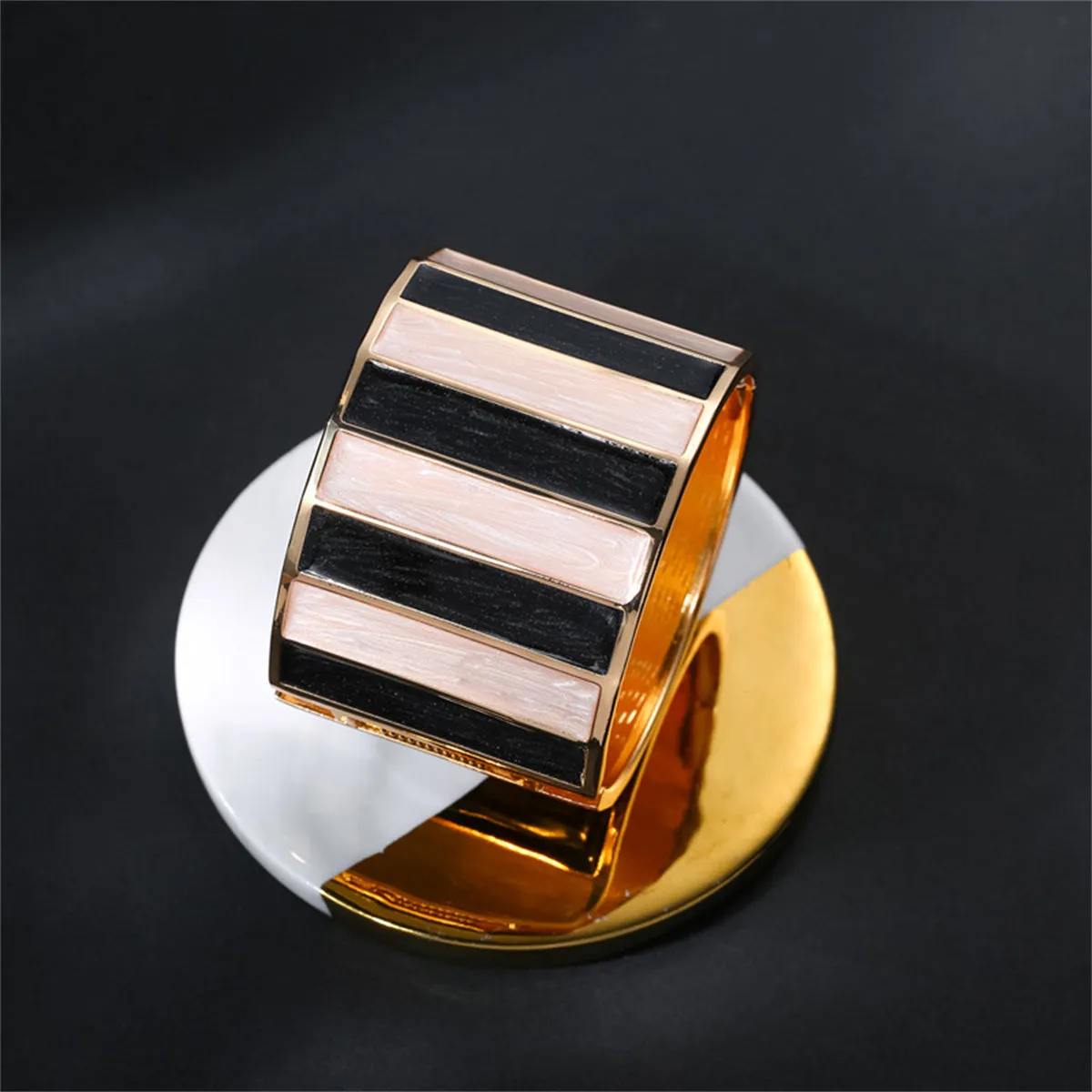 Black Enamel & 18K Gold-Plated Stripped Bangle