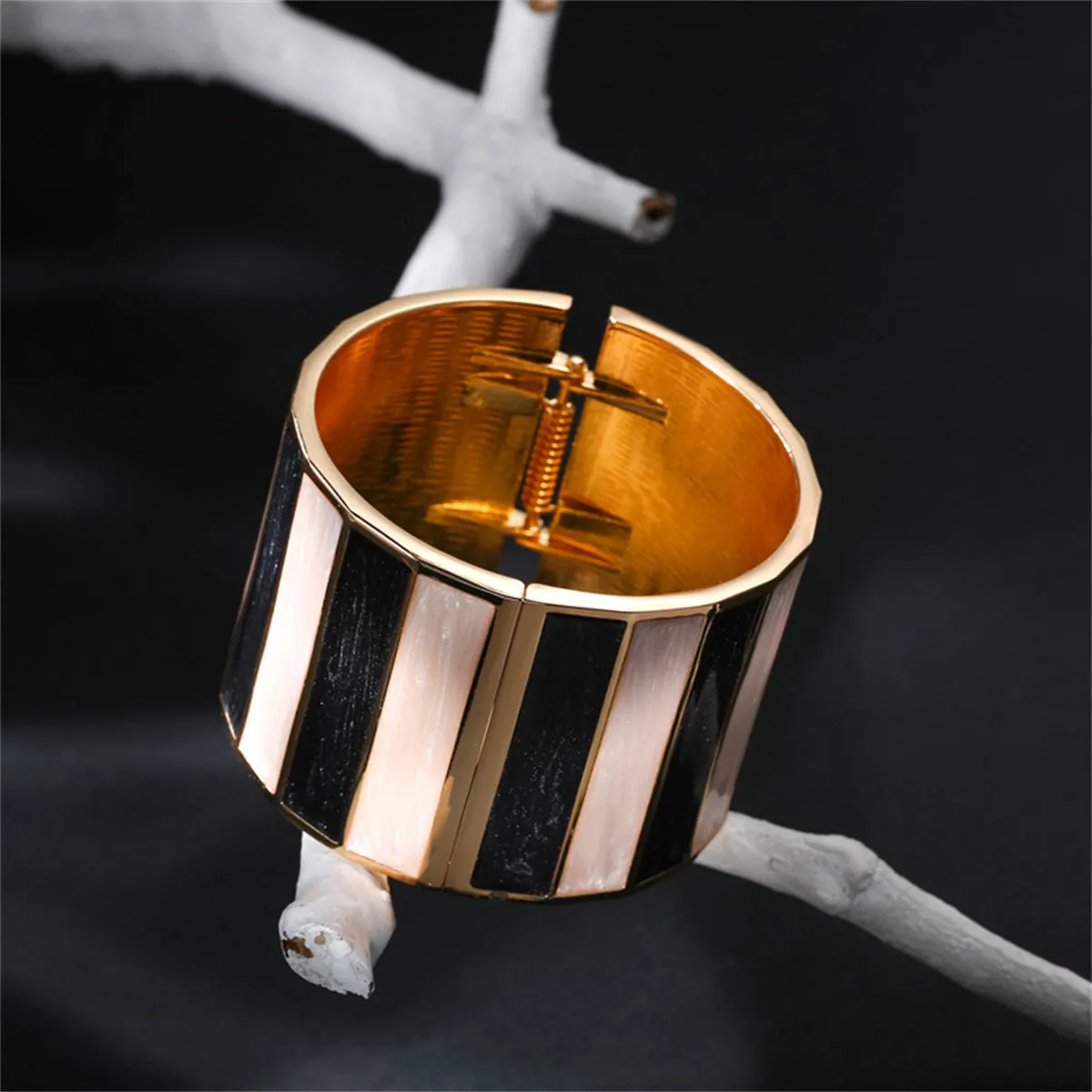 Black Enamel & 18K Gold-Plated Stripped Bangle