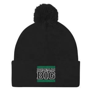 Black Green and White Pom Pom Beanie