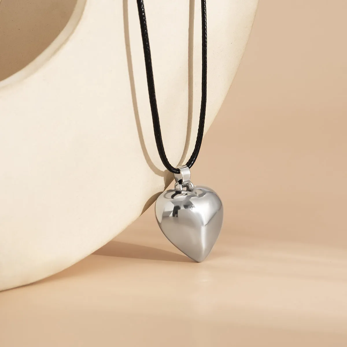 Black Polystyrene & Silver-Plated Heart Pendant Necklace