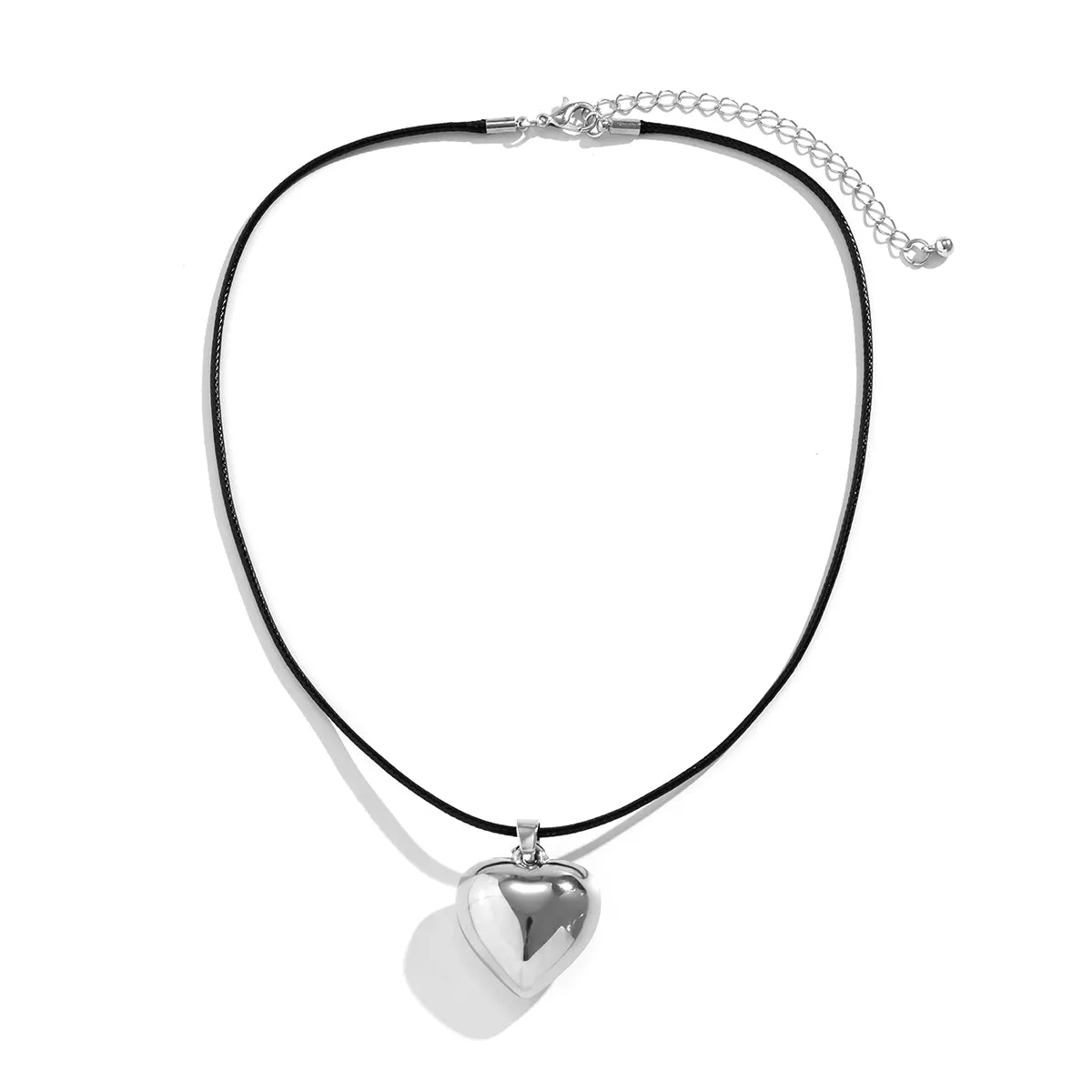 Black Polystyrene & Silver-Plated Heart Pendant Necklace