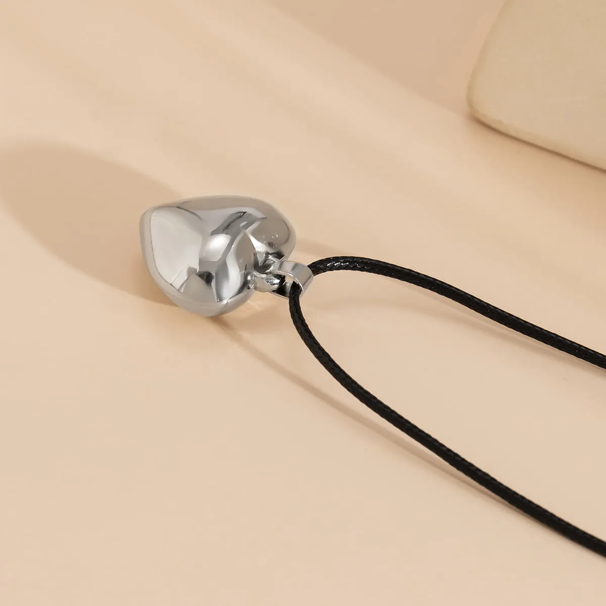 Black Polystyrene & Silver-Plated Heart Pendant Necklace