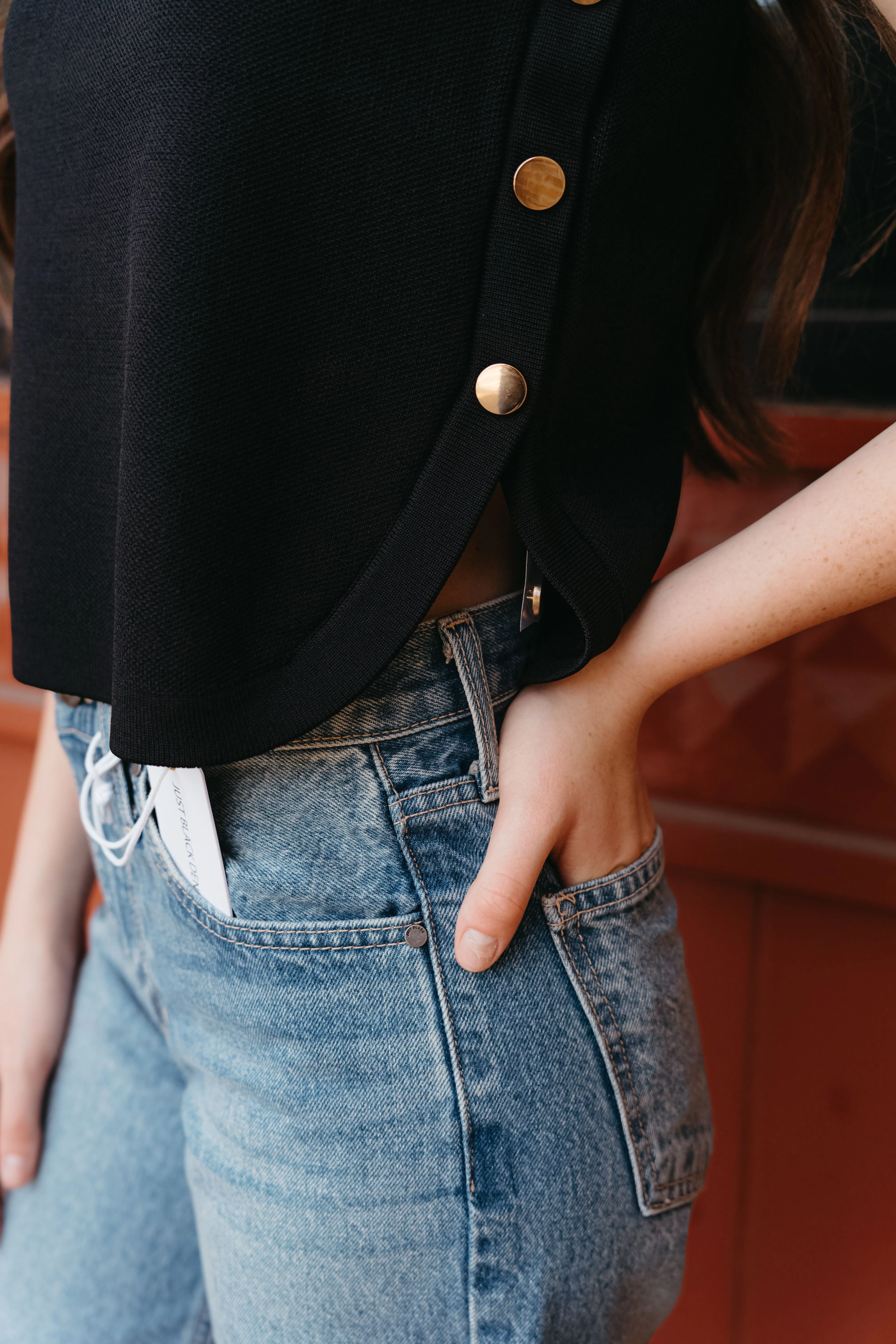 Black Sleeveless Sweater w/ Gold Buttons T25666