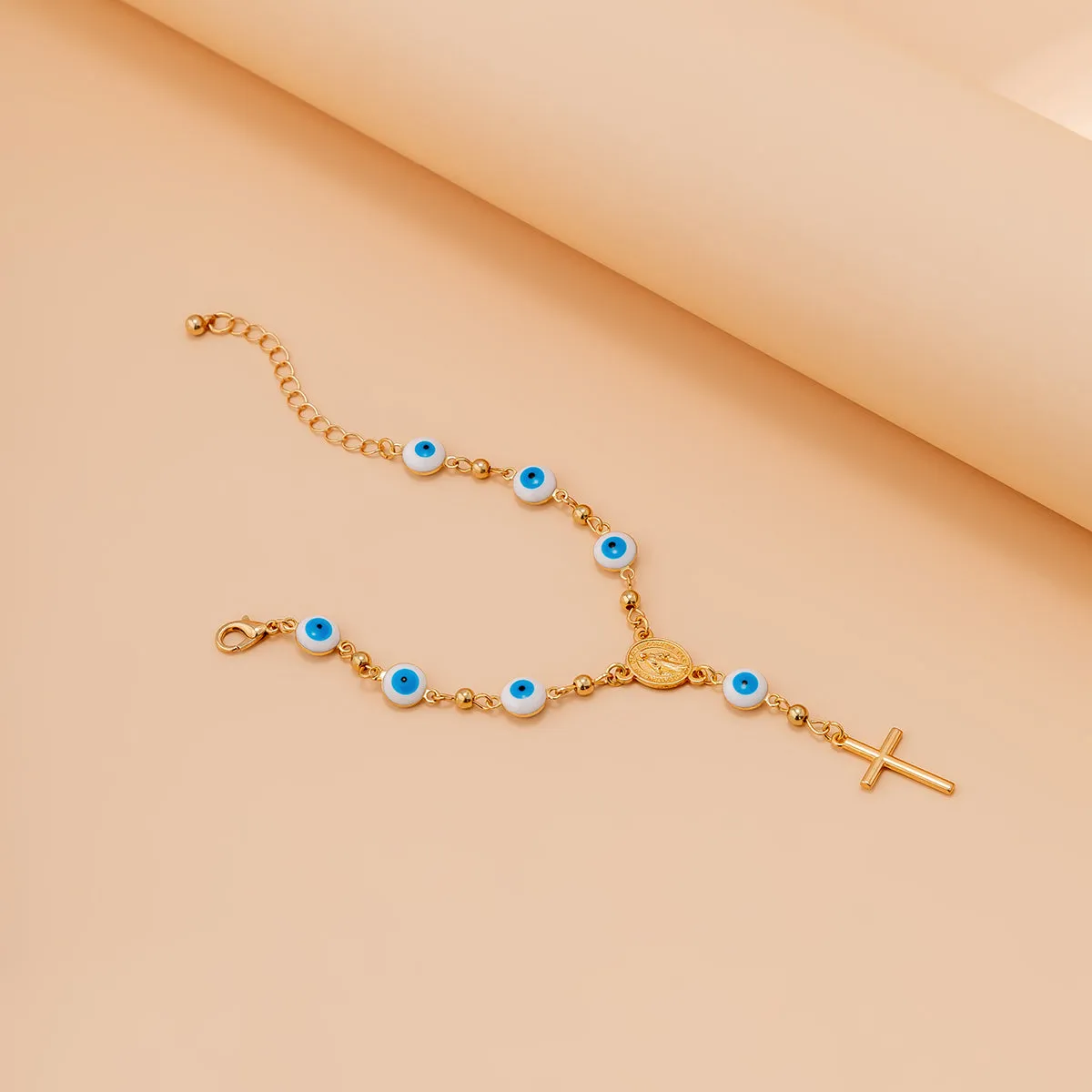 Blue Acrylic & 18K Gold-Plated Evil Eye & Cross Charm Bracelet