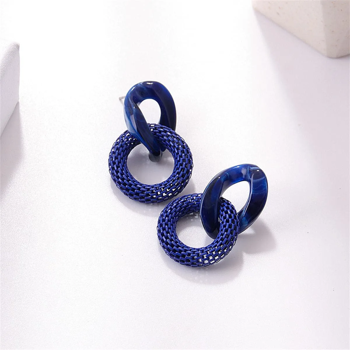 Blue Acrylic & Enamel Mesh Open Circle Drop Earrings