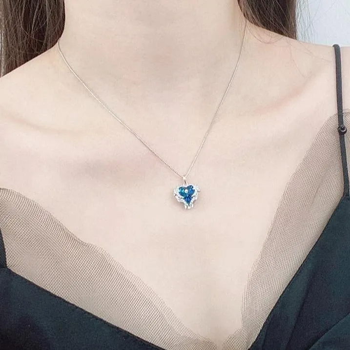Blue Crystal Angel Wings Heart Shaped Women's Necklace