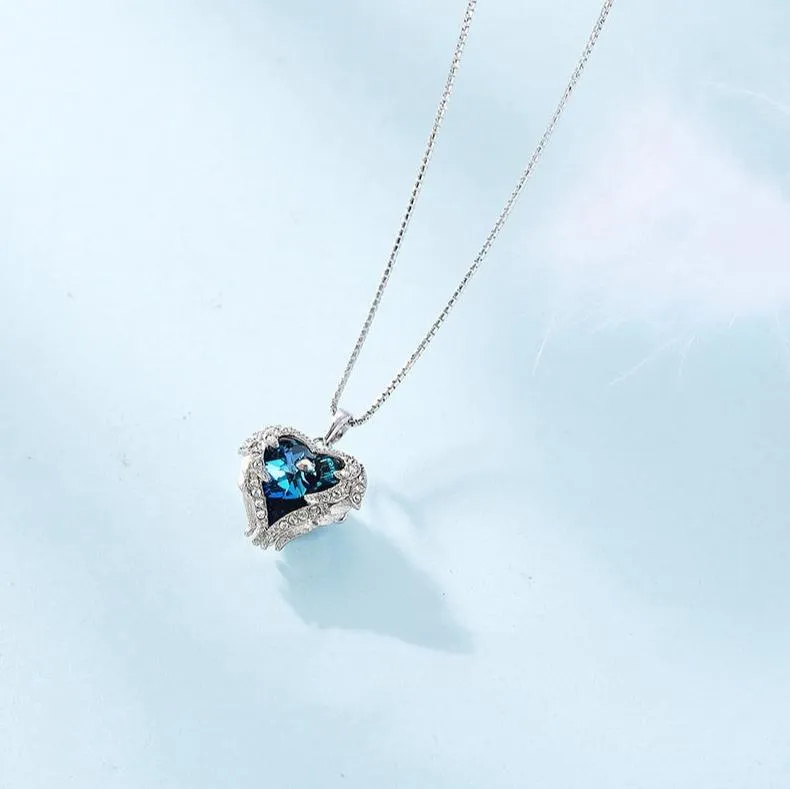 Blue Crystal Angel Wings Heart Shaped Women's Necklace