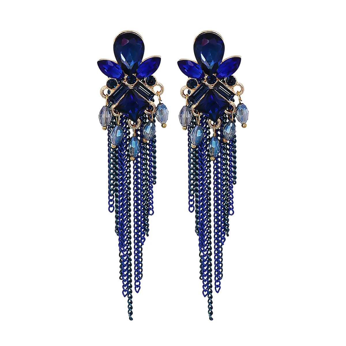 Blue Cubic Zirconia & Crystal Tassel Drop Earring