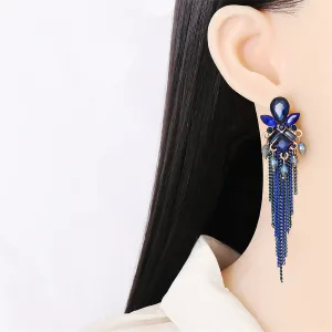 Blue Cubic Zirconia & Crystal Tassel Drop Earring