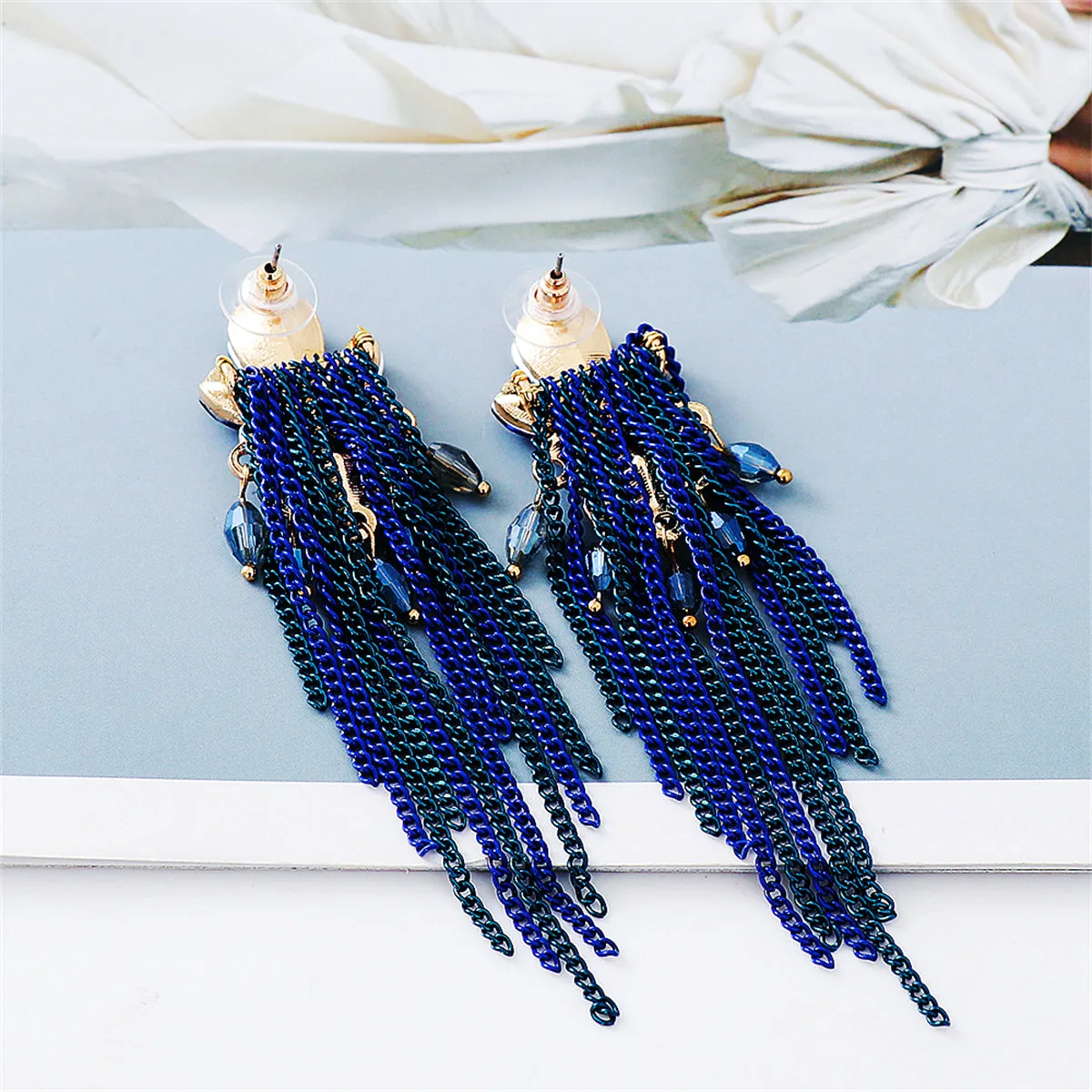 Blue Cubic Zirconia & Crystal Tassel Drop Earring