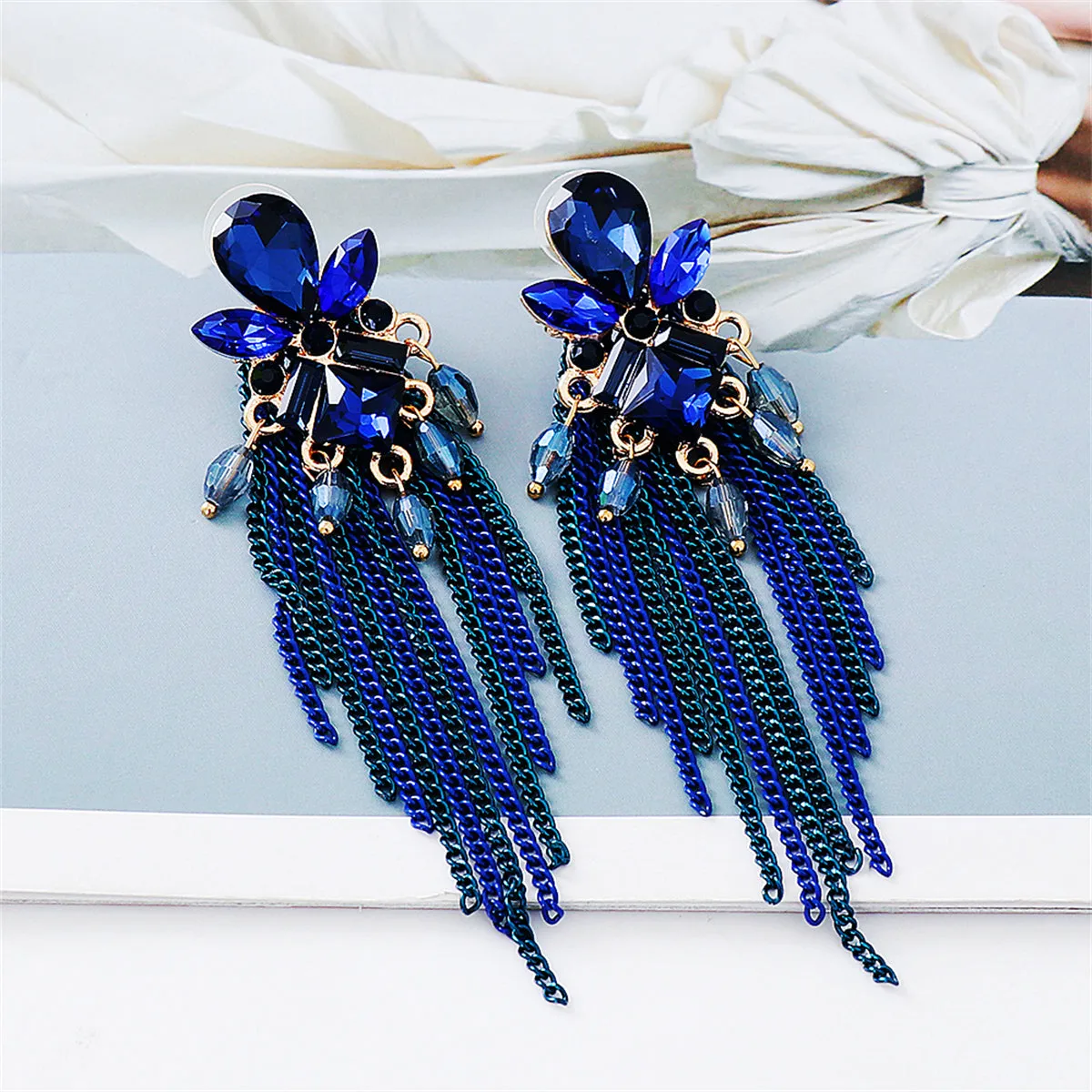 Blue Cubic Zirconia & Crystal Tassel Drop Earring