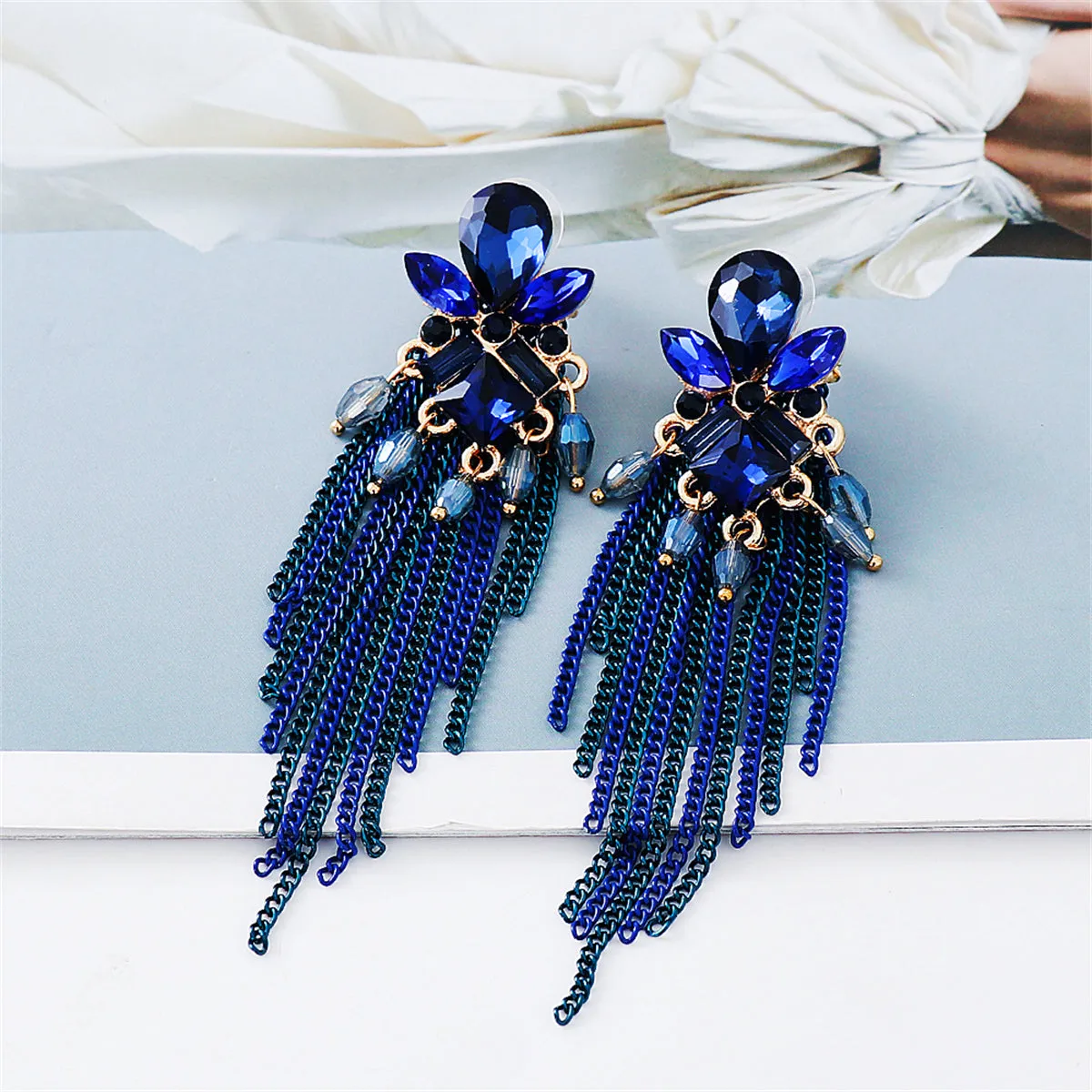 Blue Cubic Zirconia & Crystal Tassel Drop Earring