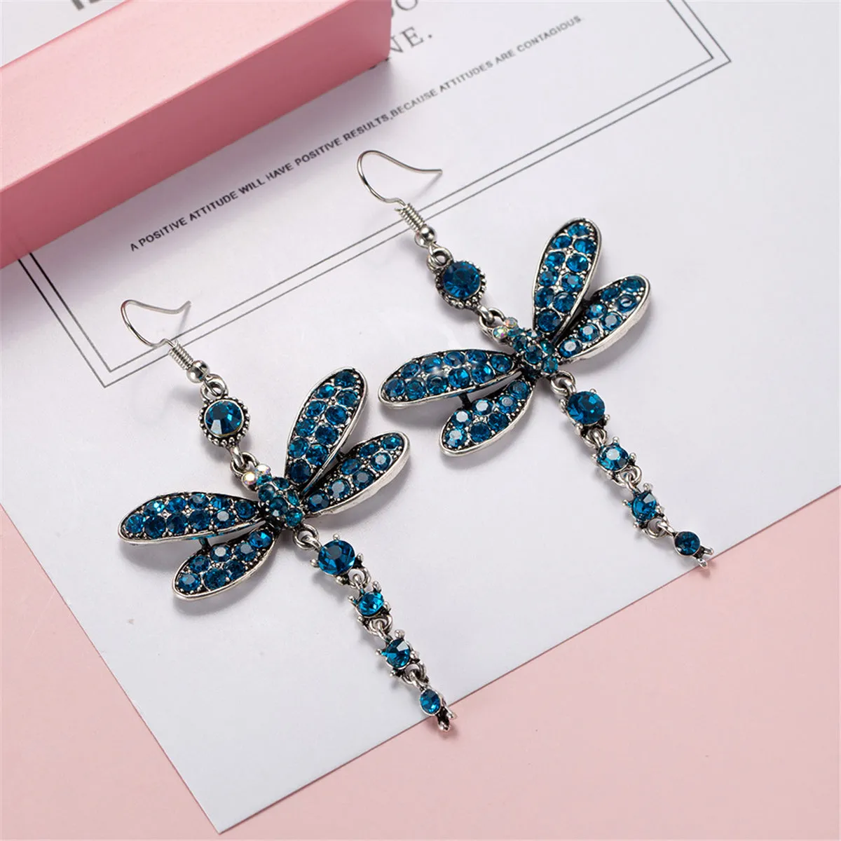 Blue Cubic Zirconia & Silver-Plated Dragonfly Drop Earrings