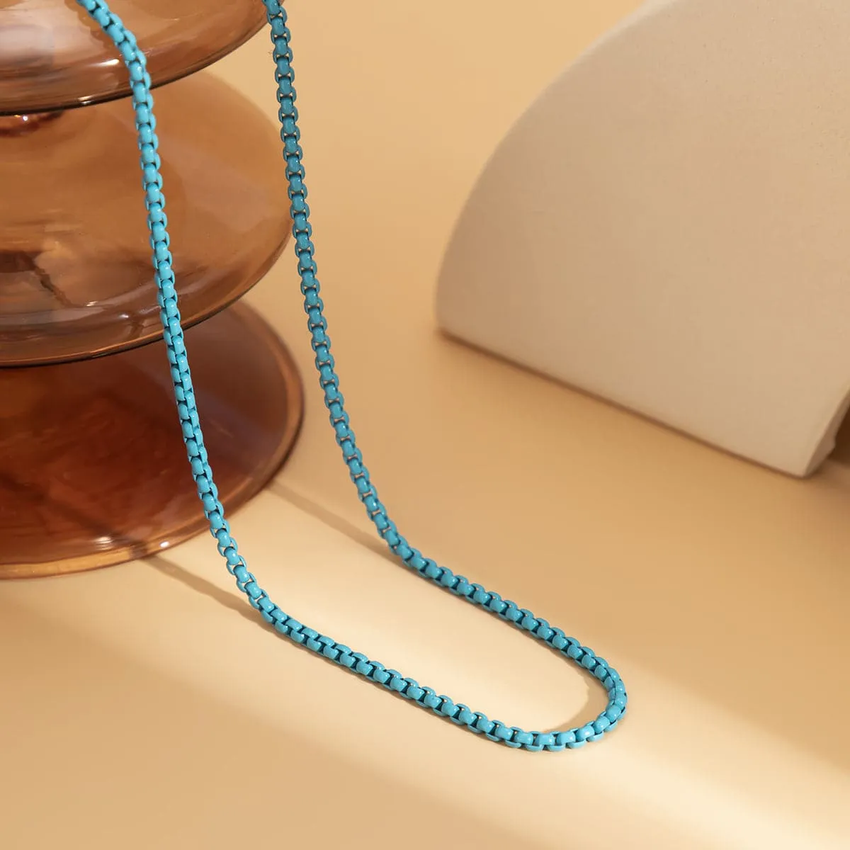 Blue Enamel & Silver-Plated Box Chain Necklace
