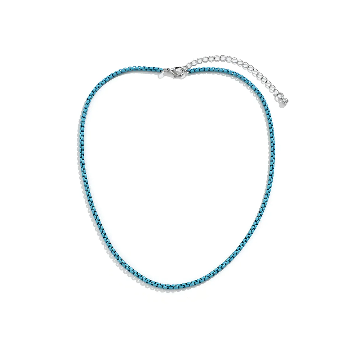 Blue Enamel & Silver-Plated Box Chain Necklace