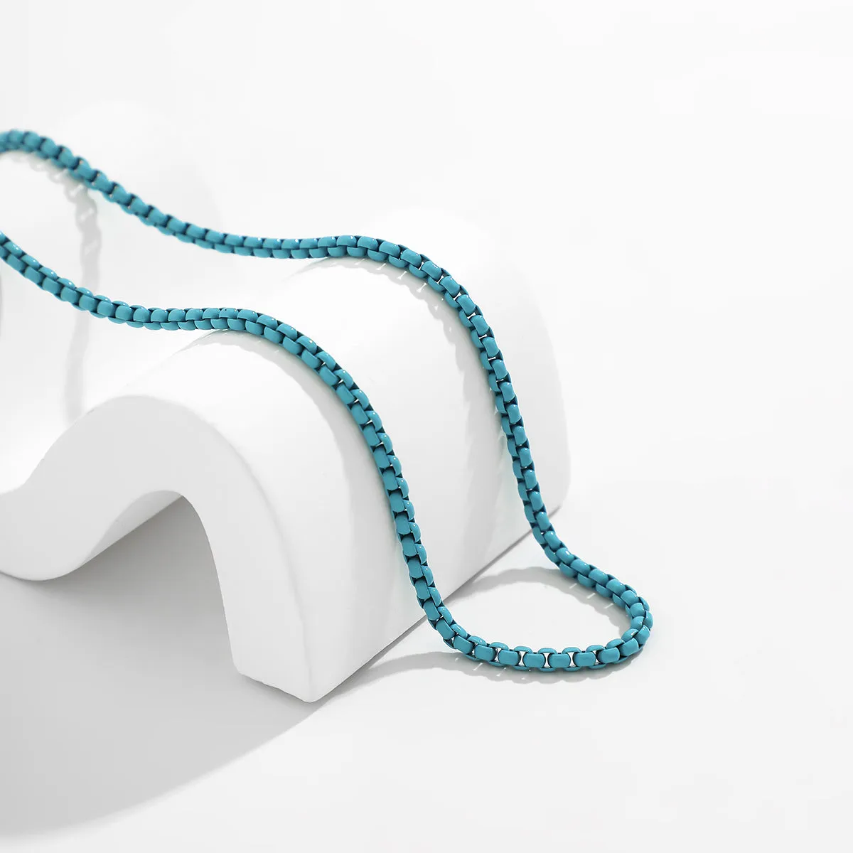 Blue Enamel & Silver-Plated Box Chain Necklace