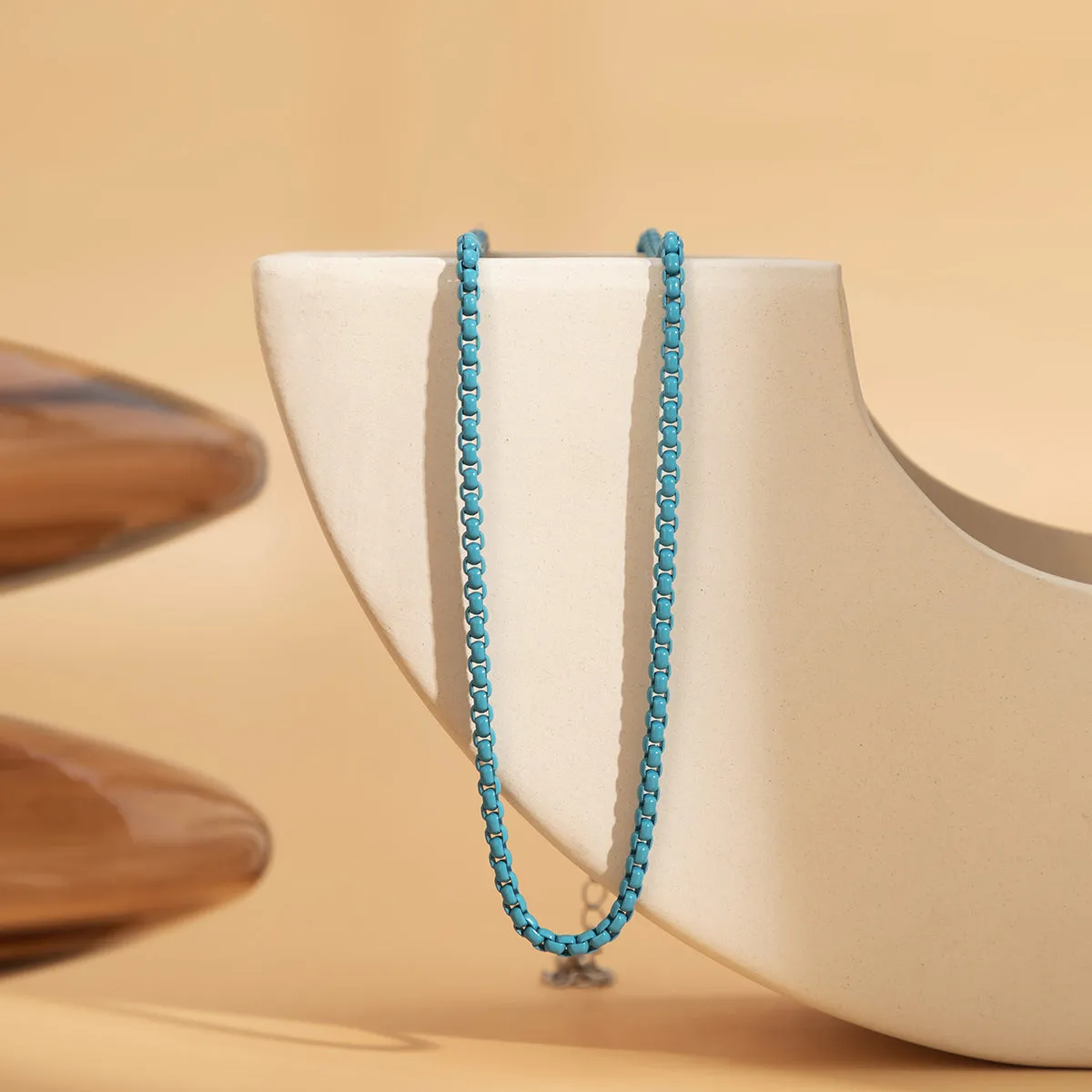 Blue Enamel & Silver-Plated Box Chain Necklace