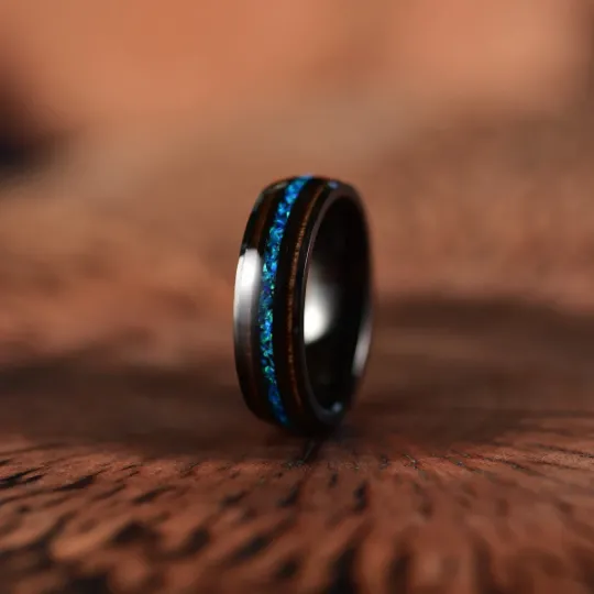 Blue Fire Ring - Black Tungsten Koa Wood Blue Opal Women's Wedding Band 6MM