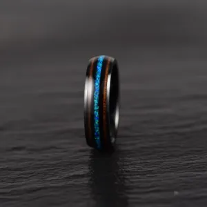 Blue Fire Ring - Black Tungsten Koa Wood Blue Opal Women's Wedding Band 6MM