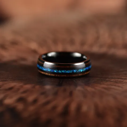 Blue Fire Ring - Black Tungsten Koa Wood Blue Opal Women's Wedding Band 6MM