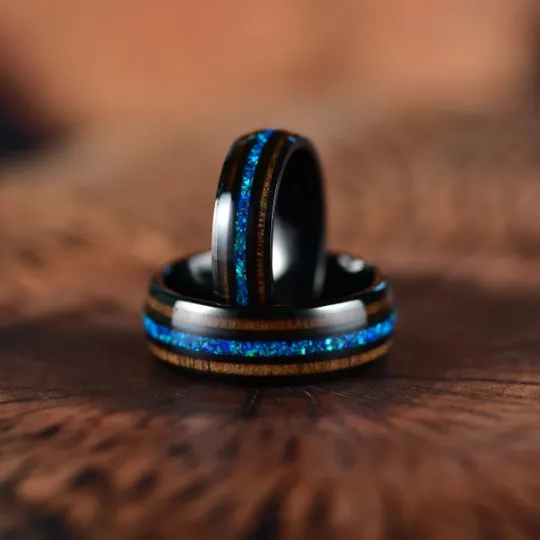 Blue Fire Ring - Black Tungsten Koa Wood Blue Opal Women's Wedding Band 6MM