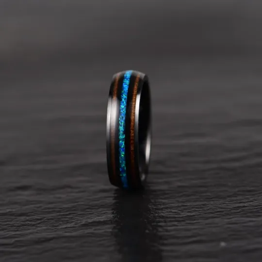 Blue Fire Ring - Black Tungsten Koa Wood Blue Opal Women's Wedding Band 6MM