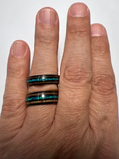 Blue Fire Ring - Black Tungsten Koa Wood Blue Opal Women's Wedding Band 6MM