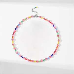 Blue Howlite & Pink Polymer Clay Flower Station Necklace