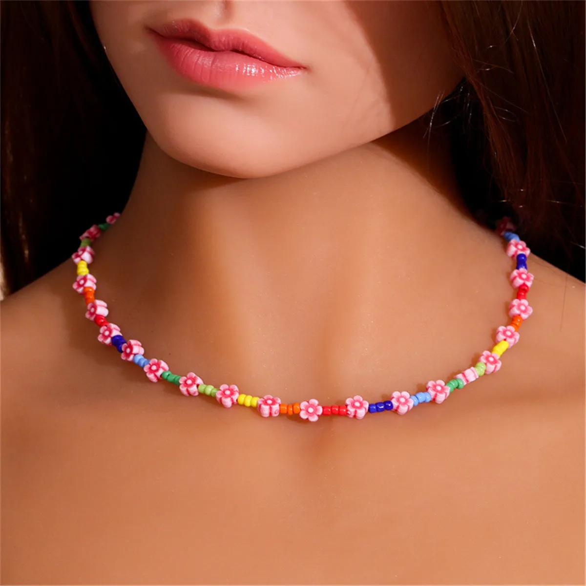 Blue Howlite & Pink Polymer Clay Flower Station Necklace
