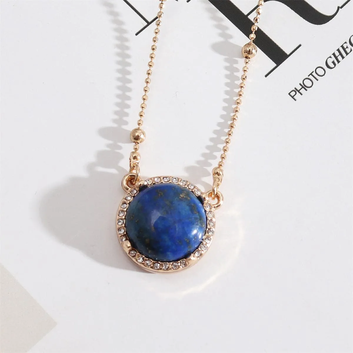 Blue Lapis & Cubic Zirconia Bead-Chain Round Pendant Necklace