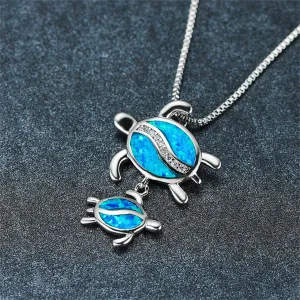 Blue Opal & Clear Cubic Zirconia Double Turtle Pendant Necklace