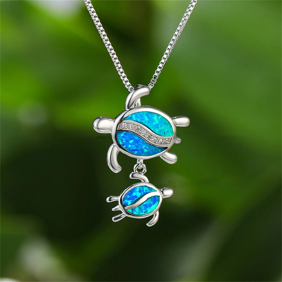 Blue Opal & Clear Cubic Zirconia Double Turtle Pendant Necklace