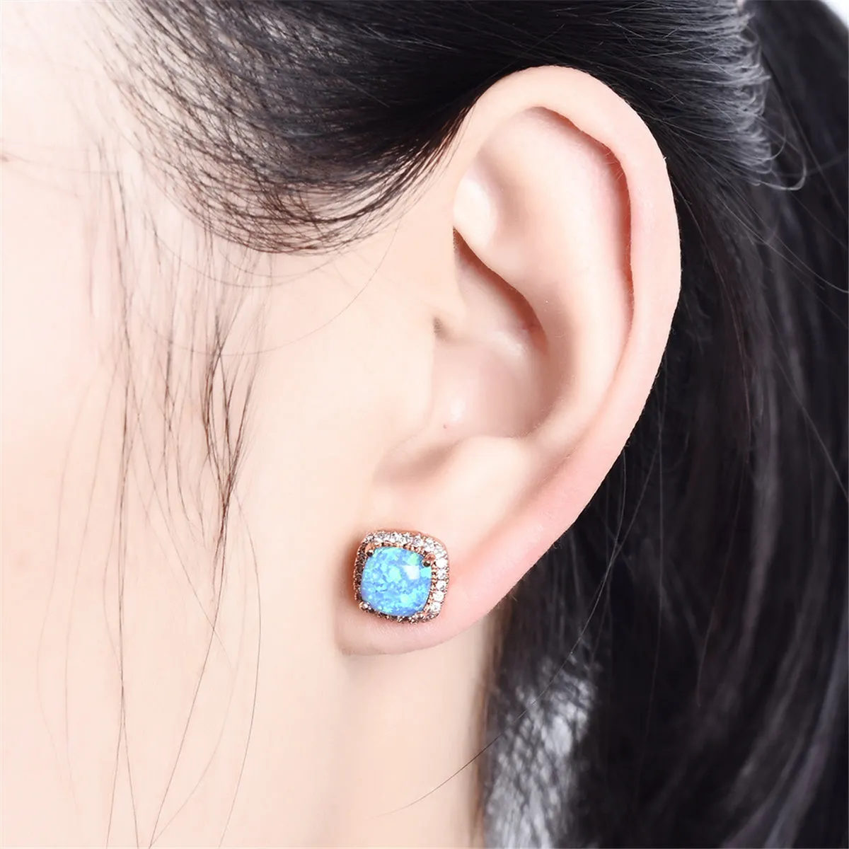 Blue Princess Opal & 18K Rose Gold-Plated Halo Stud Earrings