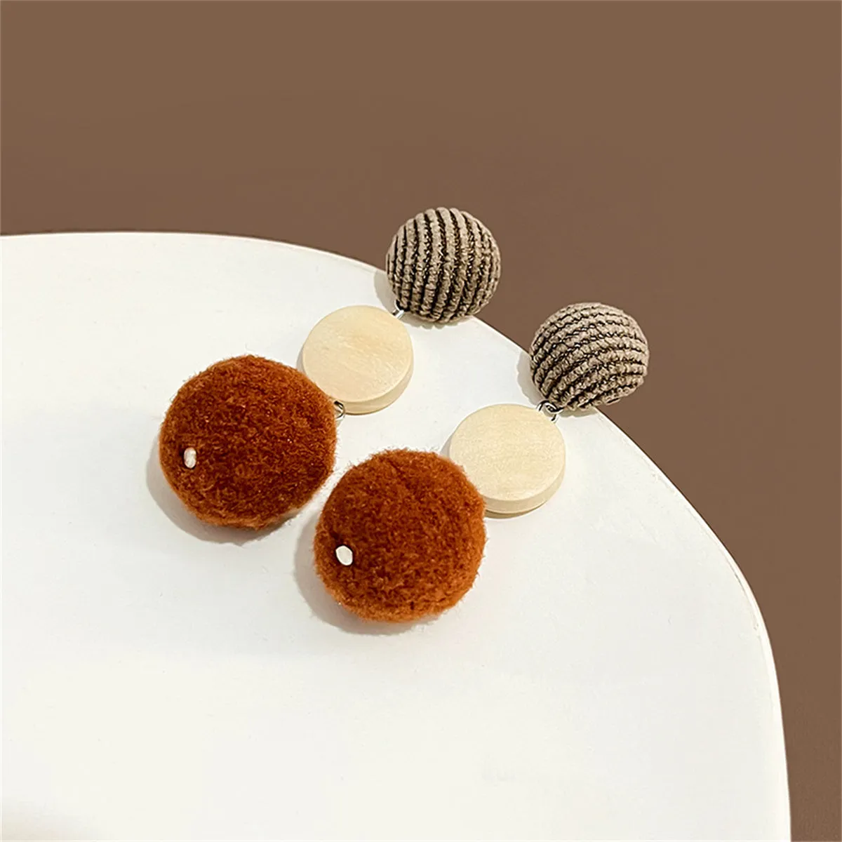 Brown Multicolor Wood & Polyster Silver-Plated Drop Earrings